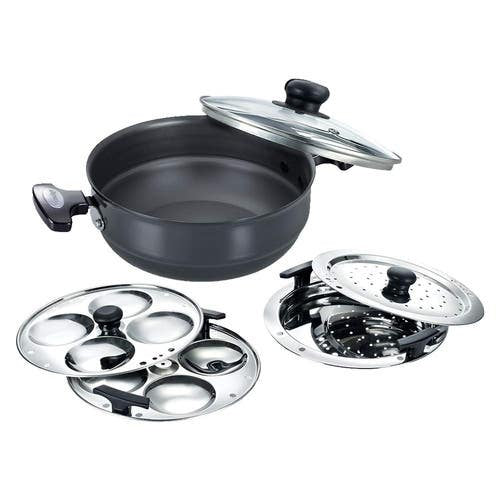 Prestige Hard Anodised Induction Base Multi-Kadai with Glass Lid (Dhokla Plate, Patra Plate, Idli Plates), (30610)