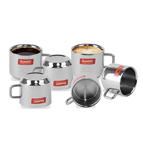 Sumeet Stainless Steel Double Wall Tea and Coffee Cups Set of 6Pcs (120 Ml Each)