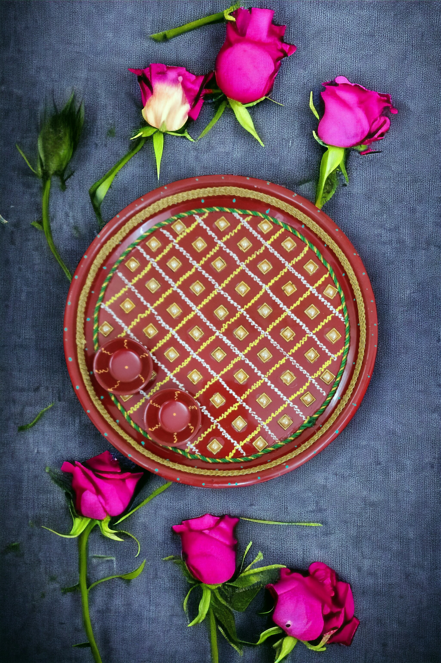 Dhevu Red Bhandej Work Pooja thali