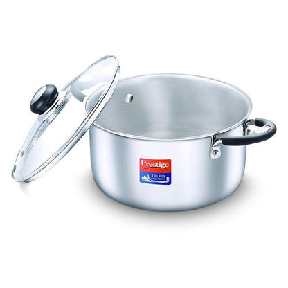 Prestige Tri Ply Splendor Stainless Steel Gas and Induction Compatible Casserole with Glass Lid, 20cm, 3.25 L (Silver)