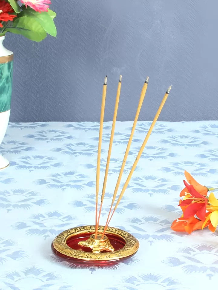 Dhevu Gold toned Tortoise Design Round Metal & Glass Incense Stick Holder