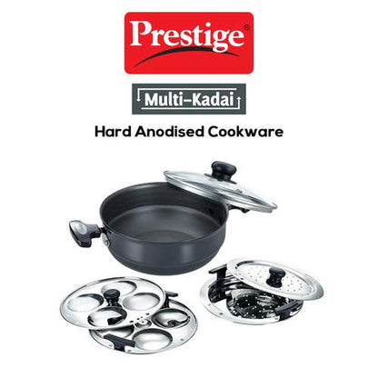 Prestige Hard Anodised Induction Base Multi-Kadai with Glass Lid (Dhokla Plate, Patra Plate, Idli Plates), (30610)