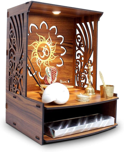 Laabh Beautiful Wooden Pooja Stand for Home Pooja Mandir for Home Temple for Home and Office Puja Mandir for Home Wall Mounted with LED Spot Light Size (H- 15.5, L- 11.5, W-11 in)