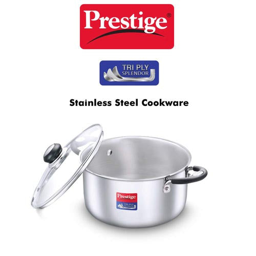 Prestige Tri Ply Splendor Stainless Steel Gas and Induction Compatible Casserole with Glass Lid, 22cm, 4.25 L (Silver)