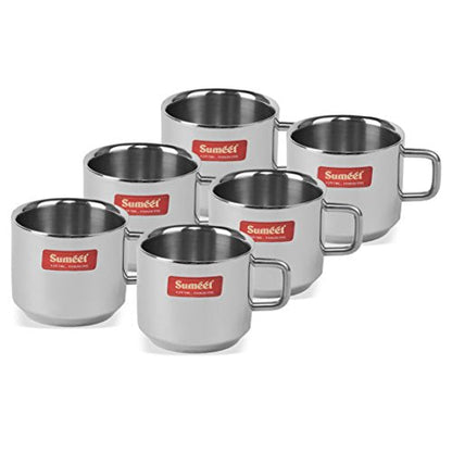 Sumeet Stainless Steel Double Wall Tea and Coffee Cups Set of 6Pcs (120 Ml Each)