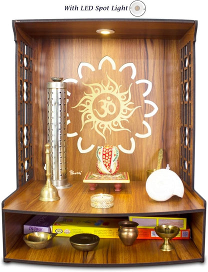 Maha Mangal Beautiful Wooden Pooja Mandir for Home Temple for Home and Office Puja Mandir Wall with LED Spot Light Size (H- 18, L- 15, W-11 Inch)