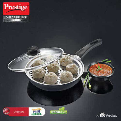 PRESTIGE OMEGA DELUXE GRANITE MULTI-PAN COOKWARE 20 cm WITH EGG POACHER 1 U, STEAMER 1 U, WITH GLASS LID