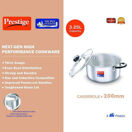 Prestige Tri Ply Splendor Stainless Steel Gas and Induction Compatible Casserole with Glass Lid, 20cm, 3.25 L (Silver)