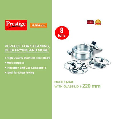 Prestige Stainless Steel Induction Base Multi-Kadai with Glass Lid (Dhokla Plate, Patra Plate, Idli Plates), 22cm (36016)