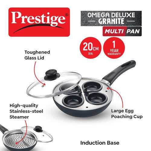 PRESTIGE OMEGA DELUXE GRANITE MULTI-PAN COOKWARE 20 cm WITH EGG POACHER 1 U, STEAMER 1 U, WITH GLASS LID