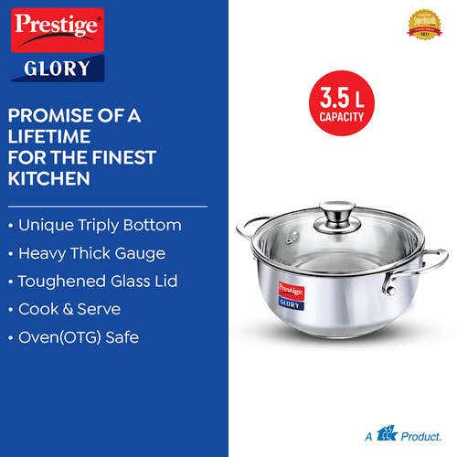 Prestige Glory Stainless Steel Cookware Kadai With Glass Lid (37539)