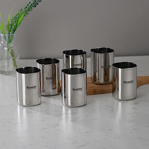 Sumeet Stainless Steel Mirror Finish Square Shape Heavy Gauge Glass Set of 6 Pcs - 6.5cm Dia - (350ml Each)