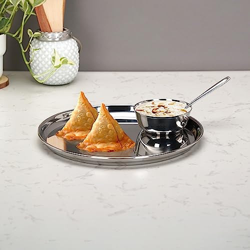 Sumeet Stainless Steel Heavy Gauge Mirror Finish Dinner Set of 3 Pcs (1 Plate, 1 Bowl/Wati, 1 Spoon), Silver