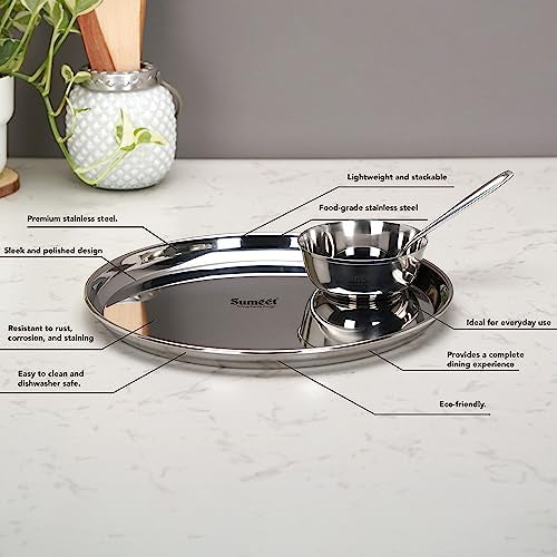 Sumeet Stainless Steel Heavy Gauge Mirror Finish Dinner Set of 9 Pcs (3 Plate, 3 Bowl/Wati, 3 Spoon), Silver