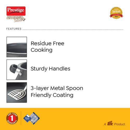 Prestige Omega Select Plus Teflon Non-stick Coated Handi with Stainless Steel Lid and Scrubber for Non-Stick Cookware, (30733)