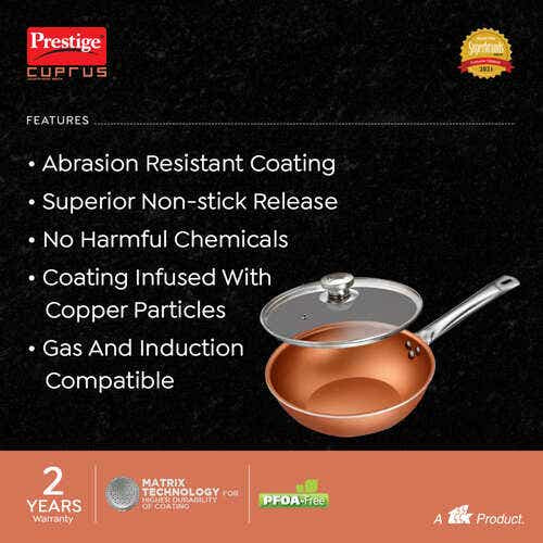 Prestige Cuprus Aluminium Gas and Induction Compatible Non-Stick Kadai with Glass Lid, (Copper)