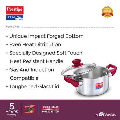 Prestige Platina Popular Stainless Steel Unique Impact Forged Bottom Casserole with Glass Lid - (36891)