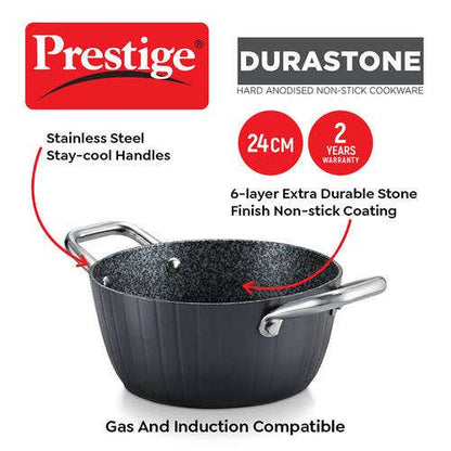 Prestige Durastone Hard Anodised 6 Layer Non-Stick Casserole with Glass Lid, 4L (37580)