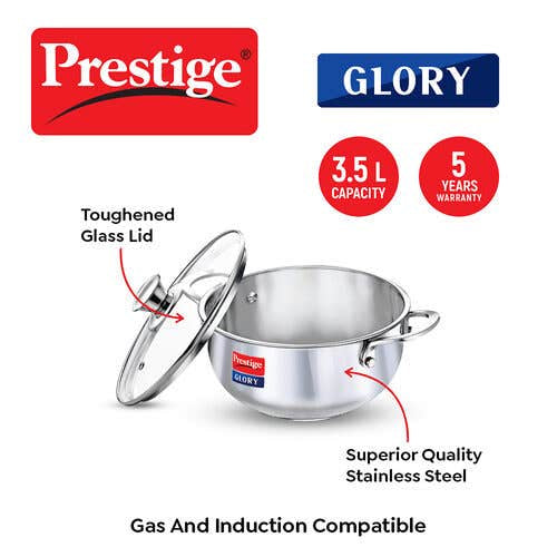 Prestige Glory Stainless Steel Cookware Kadai With Glass Lid (37539)