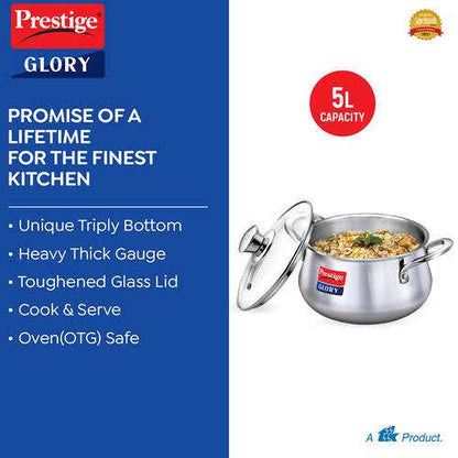 Prestige Glory Stainless Steel Cookware Handi 22 Cm / 5.0 L With Glass Lid (37524)