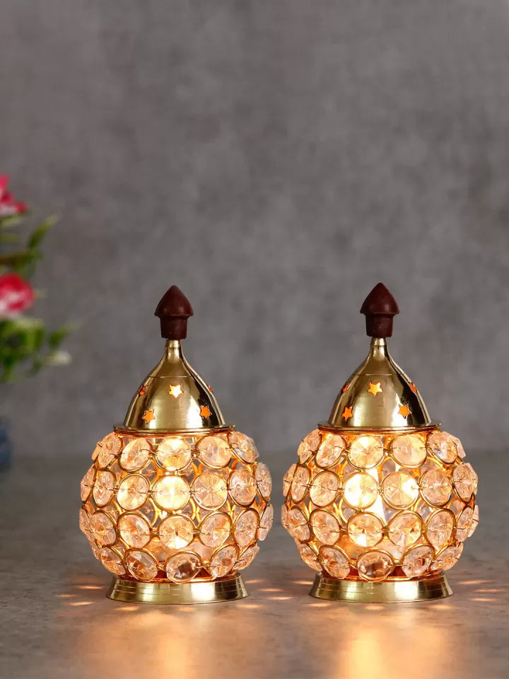 Dhevu Set Of 2 Crystal And Brass Diya