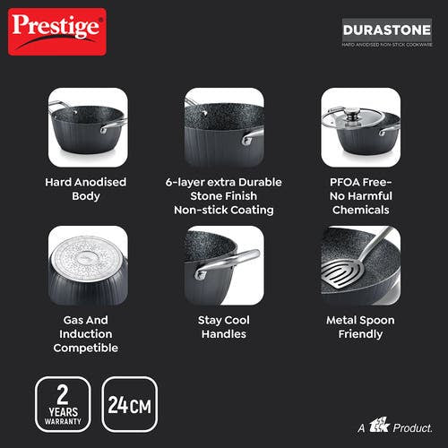 Prestige Durastone Hard Anodised 6 Layer Non-Stick Casserole with Glass Lid, 4L (37580)