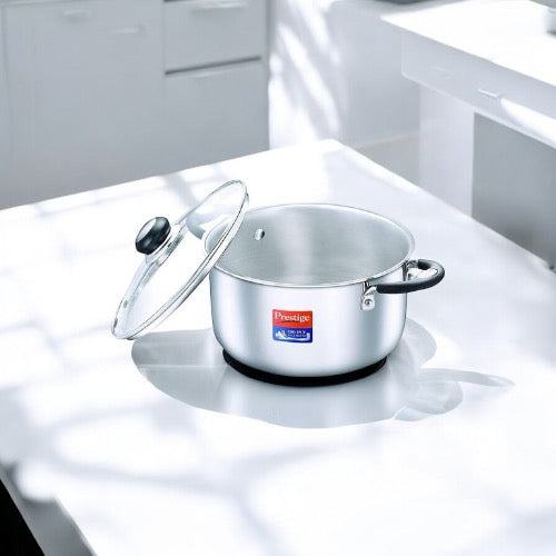 Prestige Tri Ply Splendor Stainless Steel Gas and Induction Compatible Casserole with Glass Lid, 22cm, 4.25 L (Silver)