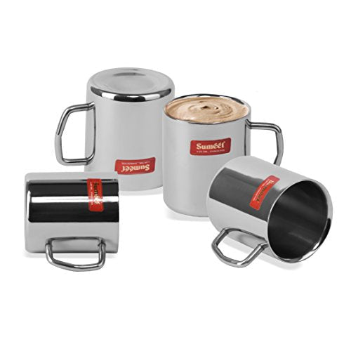 Sumeet Stainless Steel Double Wall Tea and Coffee Medium Mug Set of 4Pcs (210 Ml Each)