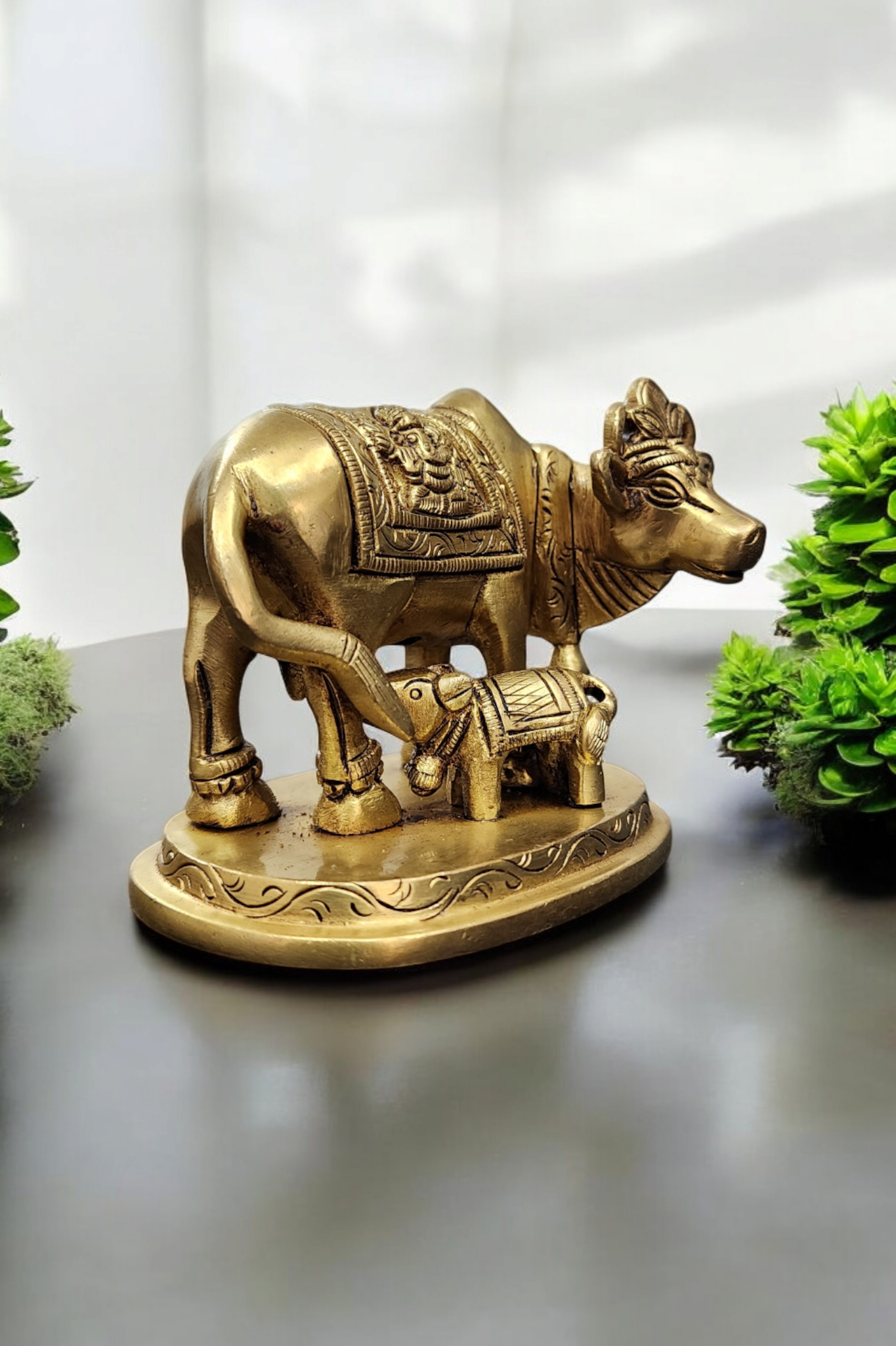 Dhevu Brass Kamdhenu Cow Calf Statue