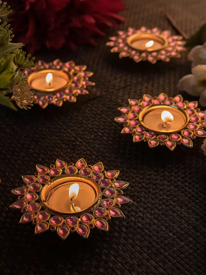 Dhevu Set Of 4 Pink & Gold Tea light Candle Holders