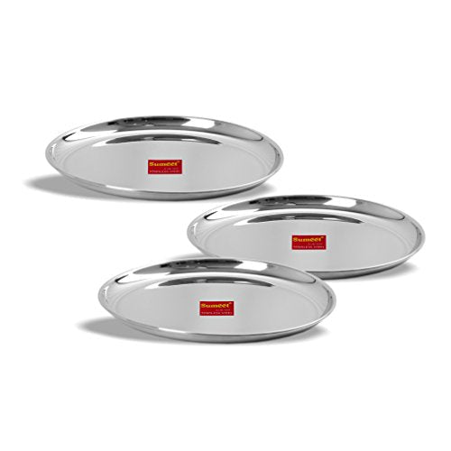 Sumeet Stainless Steel Heavy Gauge Shallow Dinner Plates with Mirror Finish Set of 3pc