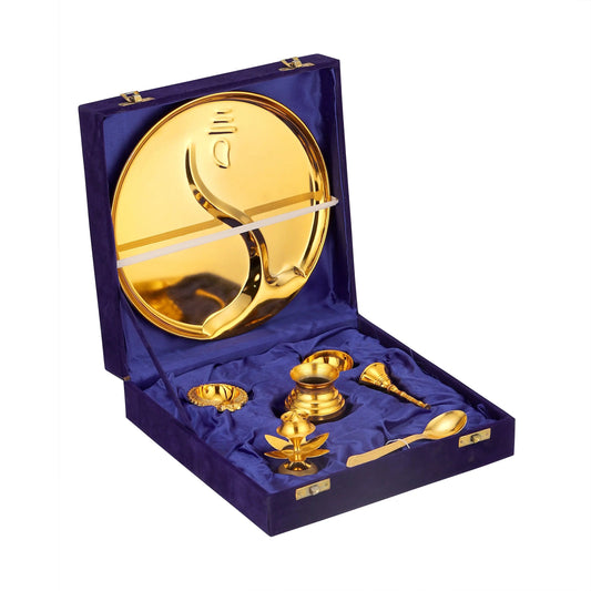 Brass Gold Pooja Thali Set With Velvet Box