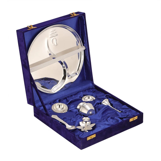 Brass Silver Pooja Thali Set With Velvet Box