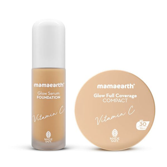 Mamaearth Glow Getter’s Combo | Glow Serum Foundation - Warm Glow 30 ml & Glow Full Coverage Compact - Almond Glow 9 g