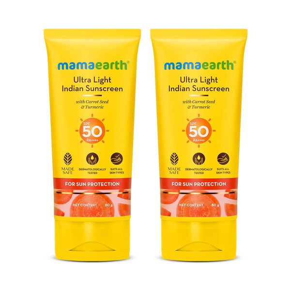 Mamaearth Ultra Light Indian Sunscreen with Carrot Seed, Turmeric and SPF 50 PA++++ - 80g - Pack of 2