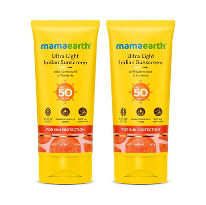 Mamaearth Ultra Light Indian Sunscreen with Carrot Seed, Turmeric and SPF 50 PA++++ - 80g - Pack of 2