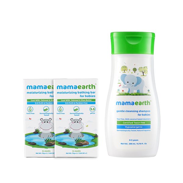 Mamaearth Moisturizing Bathing Bar (Pack of 2) and Gentle Cleansing Shampoo 200ml Combo